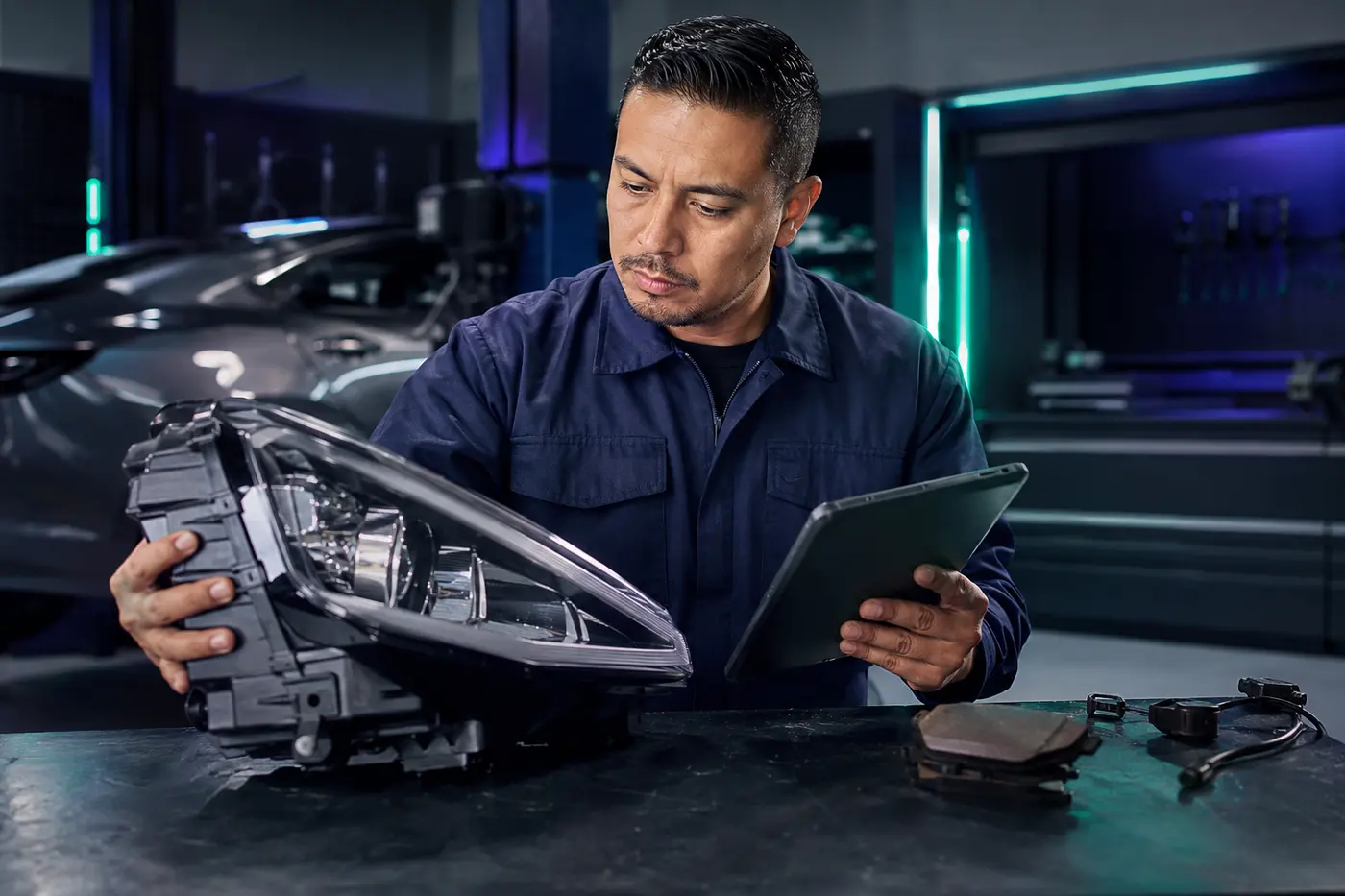 Técnico verificando la compatibilidad de una autoparte